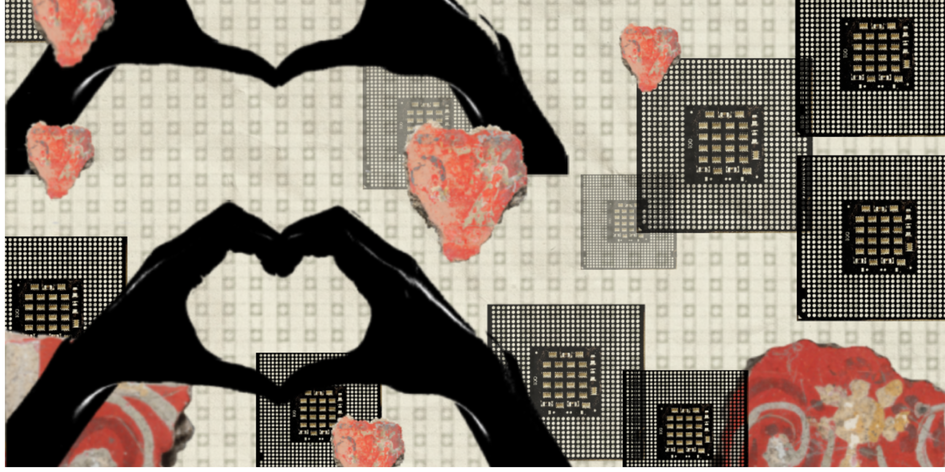 A repeated motif shows two hands coming together, where the fingers are shaped to suggest a heart. These are set amongst a series of images of small AI chips and red painted rocks which pick up on the motif of the heart.
